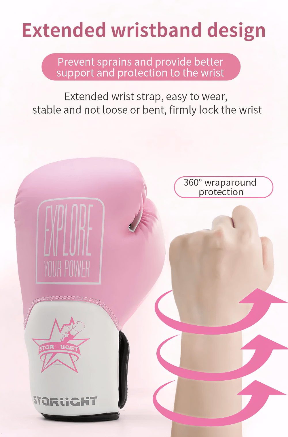 Pink boxing glove with extended wristband and wraparound protection design, promoting stability and support.